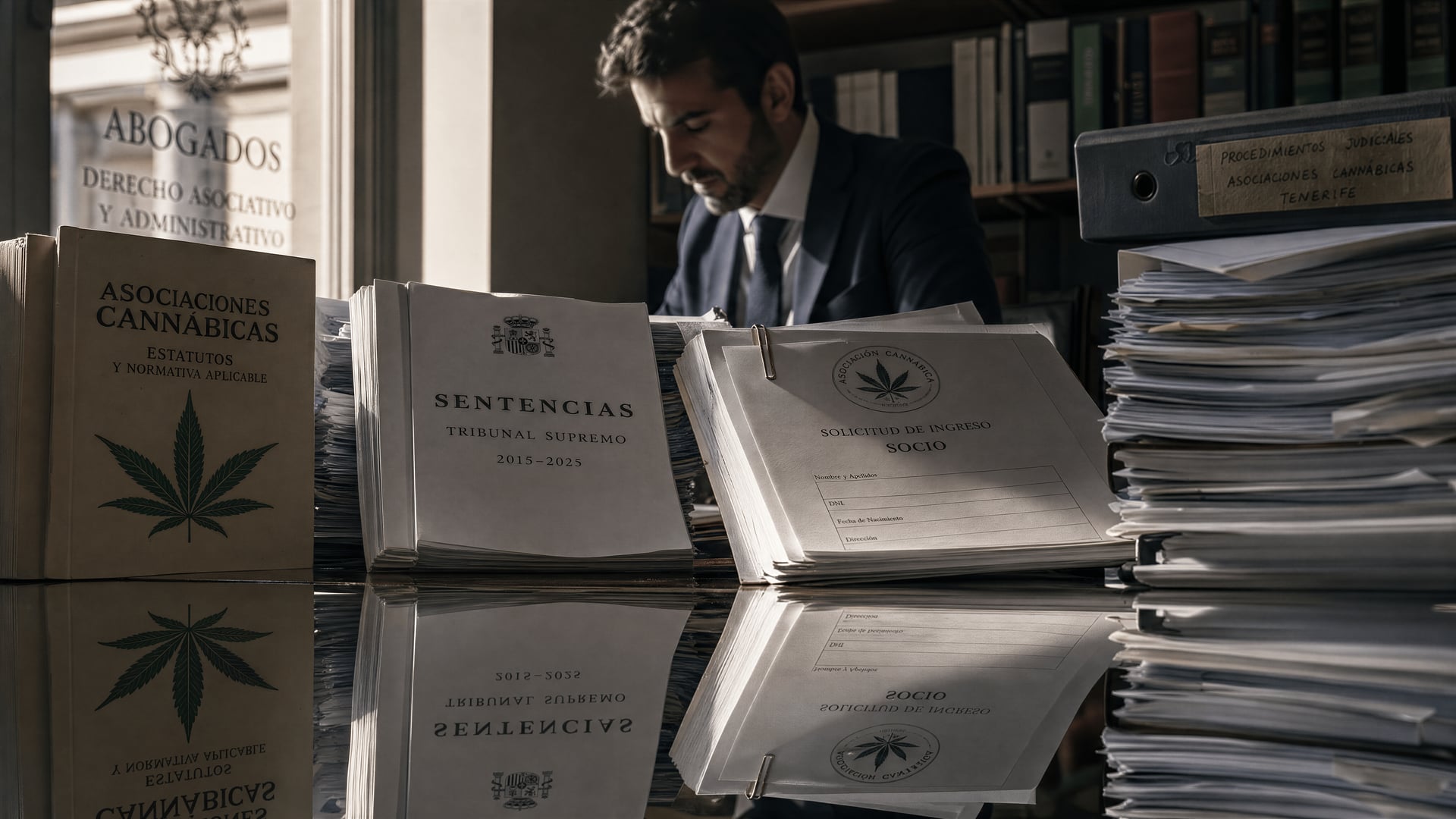 Tenerife legal office desk with Spanish cannabis-club statutes, court files and membership forms
