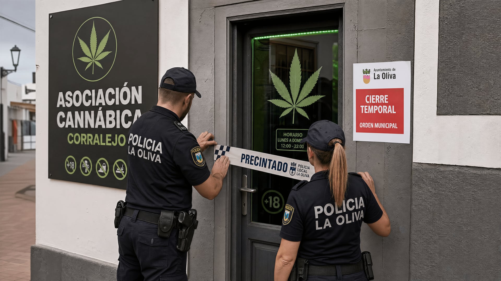 Official seal across a Corralejo cannabis association entrance as La Oliva police enforce closure order